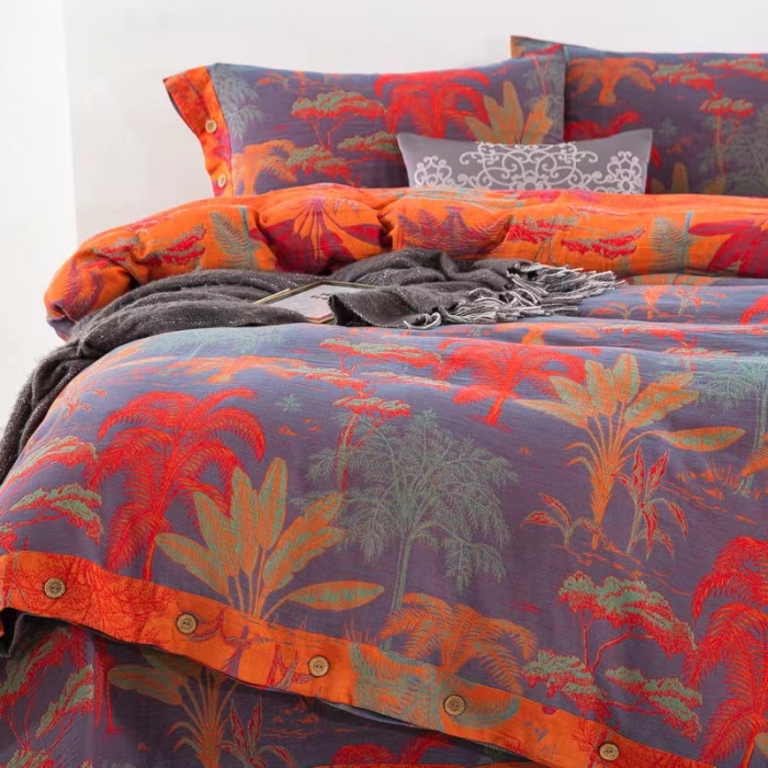 91家纺网 家纺一手货源 找家纺 双层纱家居 2023新款纽扣aa款双层纱四件套 奇幻丛林红