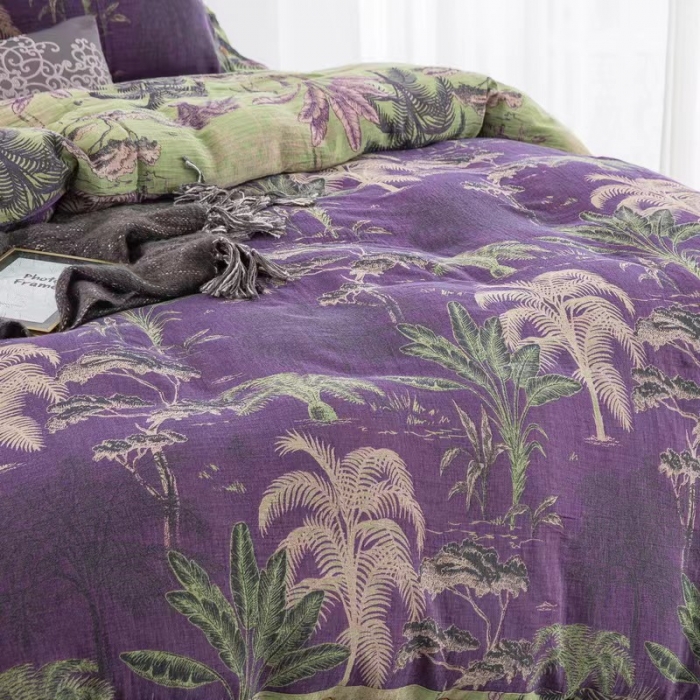 91家纺网 家纺一手货源 找家纺 双层纱家居 2023新款纽扣aa款双层纱四件套 奇幻丛林紫