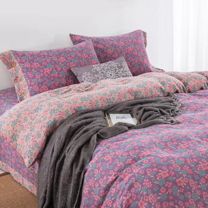 91家纺网 家纺一手货源 找家纺 双层纱家居 2023新款纽扣aa款双层纱四件套 清新之歌粉紫