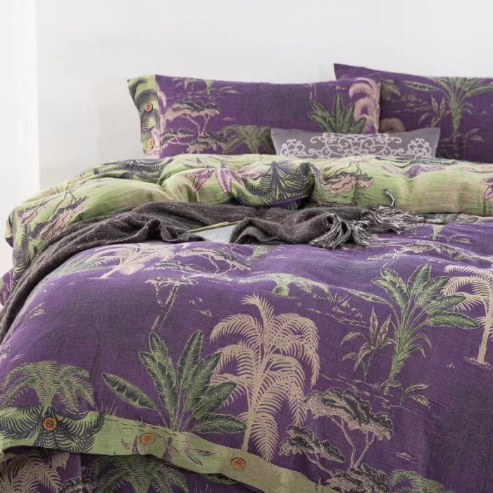 91家纺网 家纺一手货源 找家纺 双层纱家居 2023新款纽扣aa款双层纱四件套 奇幻丛林紫