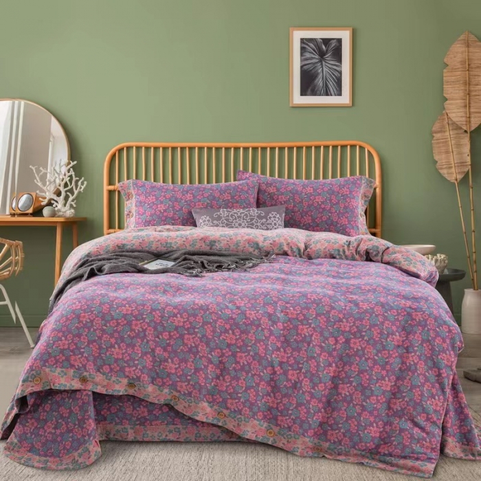 91家纺网 家纺一手货源 找家纺 双层纱家居 2023新款纽扣aa款双层纱四件套 清新之歌粉紫