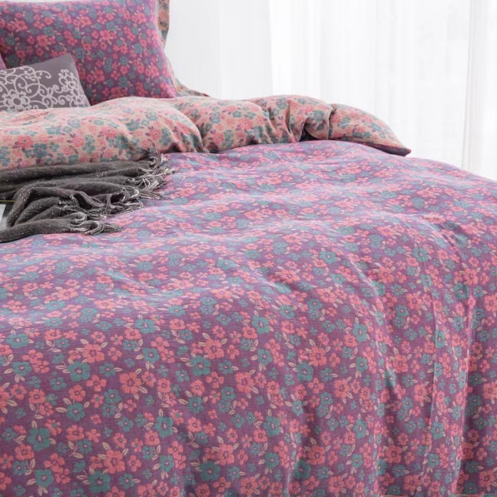 91家纺网 家纺一手货源 找家纺 双层纱家居 2023新款纽扣aa款双层纱四件套 清新之歌粉紫