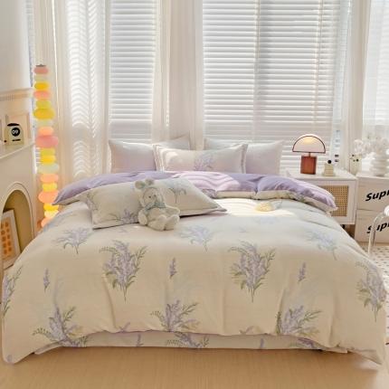 91家纺网 家纺一手货源 找家纺 乐童2024新款吊边款牛奶绒四件套 紫熏