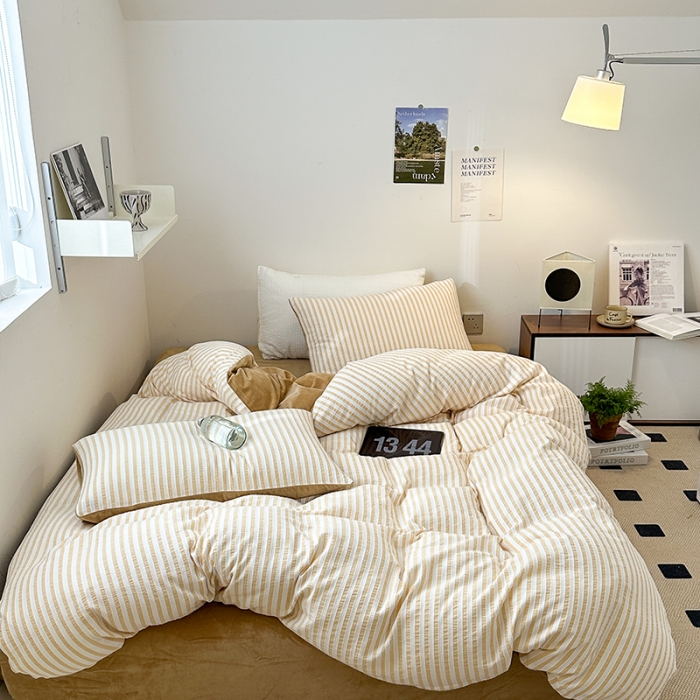 91家纺网 家纺一手货源 找家纺 怡家居 2023新款色织棉麻提花加绒四件套 锦瑟-米驼