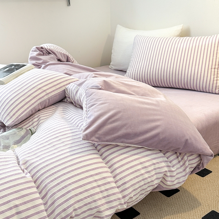 91家纺网 家纺一手货源 找家纺 怡家居 2023新款色织棉麻提花加绒四件套 锦瑟-浅紫