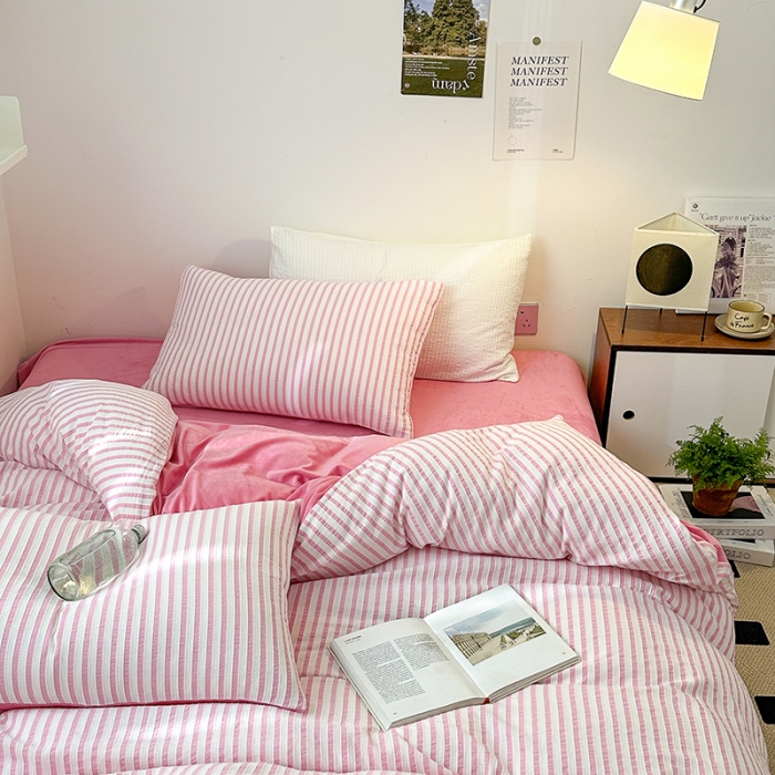 91家纺网 家纺一手货源 找家纺 怡家居 2023新款色织棉麻提花加绒四件套 锦瑟-桃红