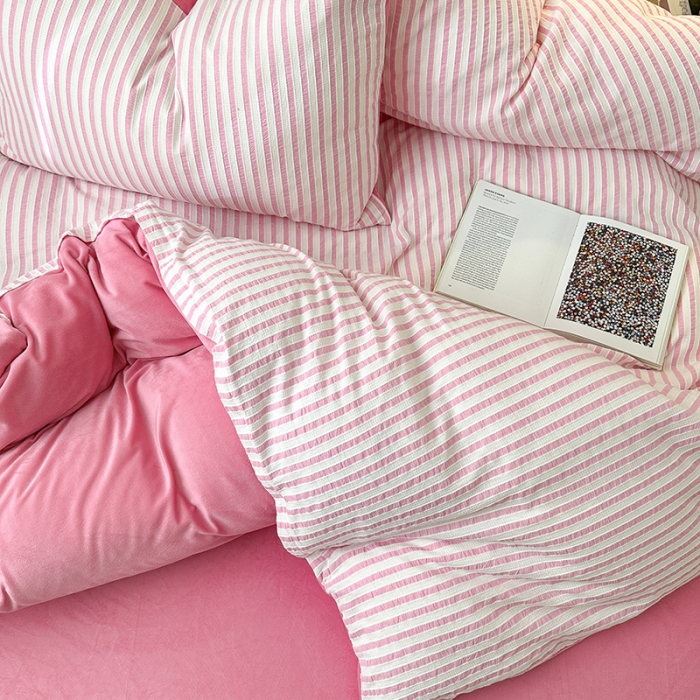 91家纺网 家纺一手货源 找家纺 怡家居 2023新款色织棉麻提花加绒四件套 锦瑟-桃红