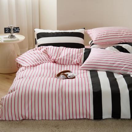 桃子 新款ins博主大版简约几何条纹轻奢拼接条纹纯棉四件套 棉大版-红黑条纹