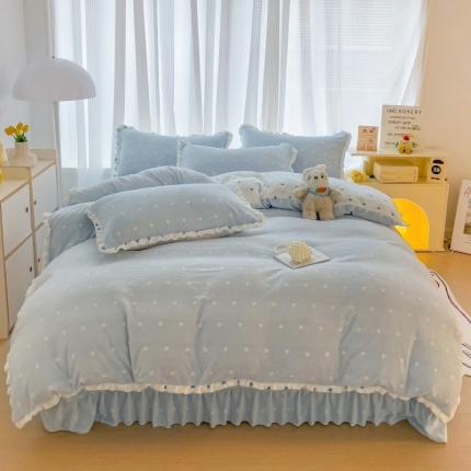 91家纺网 家纺一手货源 找家纺 麦朵 2023新款10斤重床盖款花边牛奶绒四件套 天空蓝