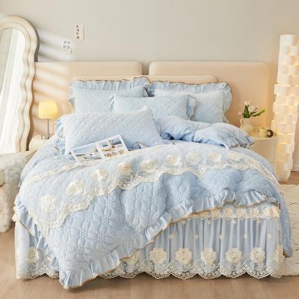 91家纺网 家纺一手货源 找家纺 罗艺轩 2024秋冬新款水晶绒花样年华全夹棉加厚床裙四件套 花样年华-天空蓝