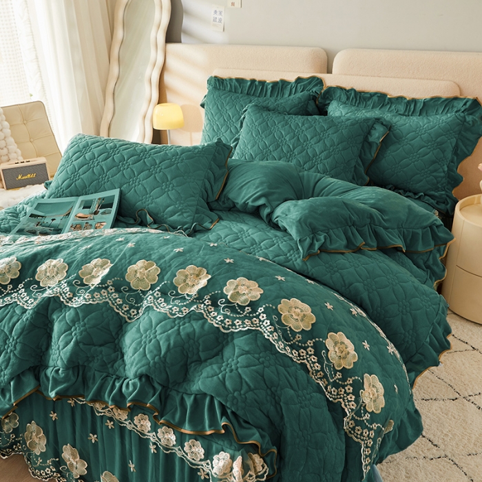 91家纺网 家纺一手货源 找家纺 罗艺轩 2024秋冬新款水晶绒花样年华全夹棉加厚床裙四件套 花样年华-橄榄绿