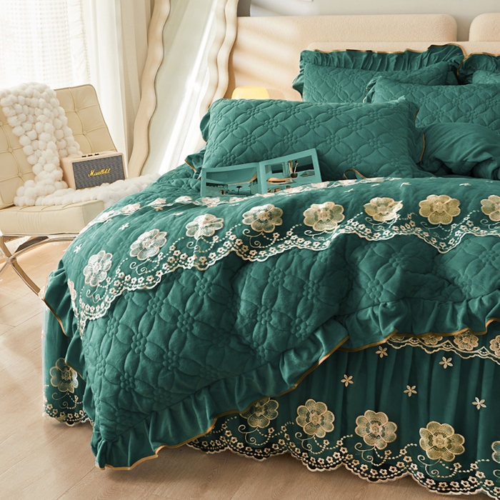 91家纺网 家纺一手货源 找家纺 罗艺轩 2024秋冬新款水晶绒花样年华全夹棉加厚床裙四件套 花样年华-橄榄绿