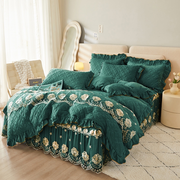 91家纺网 家纺一手货源 找家纺 罗艺轩 2024秋冬新款水晶绒花样年华全夹棉加厚床裙四件套 花样年华-橄榄绿