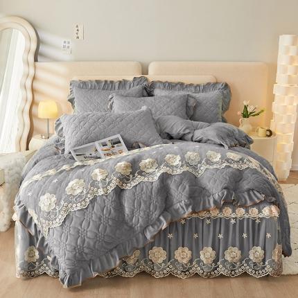 罗艺轩 2024秋冬新款水晶绒花样年华全夹棉加厚床裙四件套 花样年华-高级灰