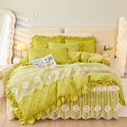 罗艺轩 2024秋冬新款水晶绒花样年华全夹棉加厚床裙四件套 花样年华-青草绿