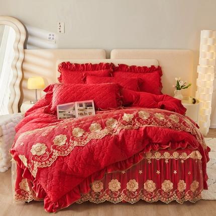 罗艺轩 2024秋冬新款水晶绒花样年华全夹棉加厚床裙四件套 花样年华-中国红