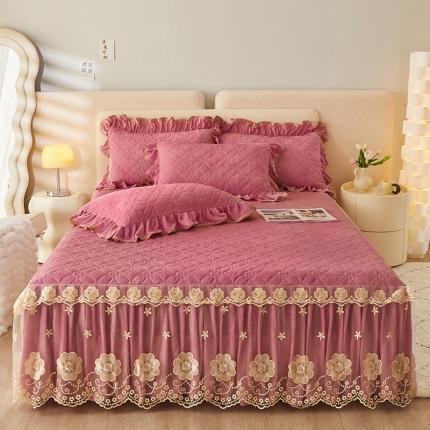 罗艺轩 2024秋冬新款水晶绒花样年华全夹棉加厚床裙三件套 花样年华-豆沙红