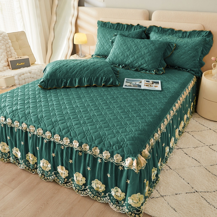 91家纺网 家纺一手货源 找家纺 罗艺轩 2024秋冬新款水晶绒花样年华全夹棉加厚床裙三件套 花样年华-橄榄绿