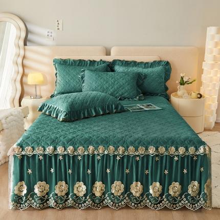 罗艺轩 2024秋冬新款水晶绒花样年华全夹棉加厚床裙三件套 花样年华-橄榄绿