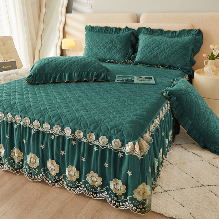 91家纺网 家纺一手货源 找家纺 罗艺轩 2024秋冬新款水晶绒花样年华全夹棉加厚床裙三件套 花样年华-橄榄绿