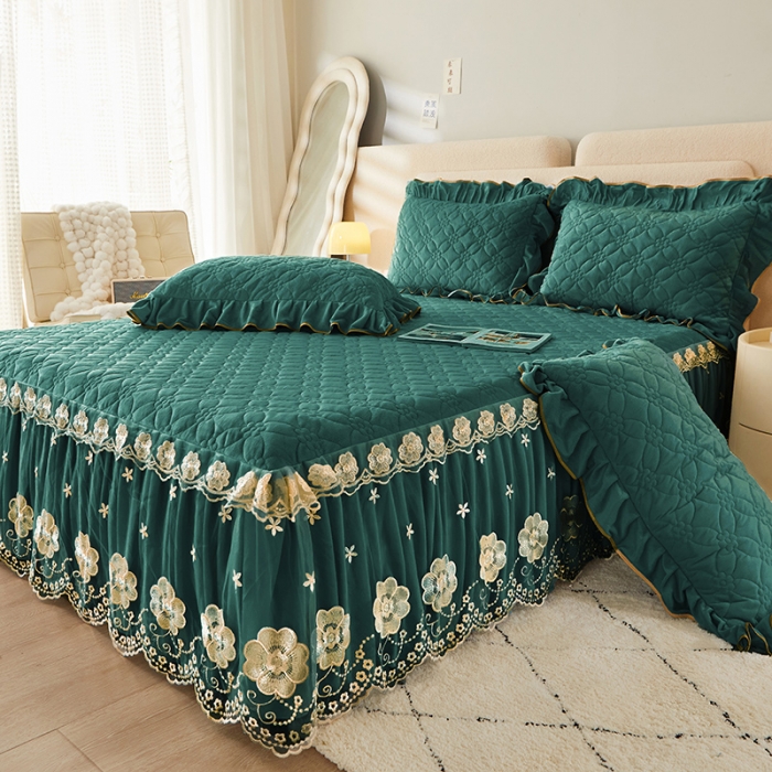 91家纺网 家纺一手货源 找家纺 罗艺轩 2024秋冬新款水晶绒花样年华全夹棉加厚床裙三件套 花样年华-橄榄绿