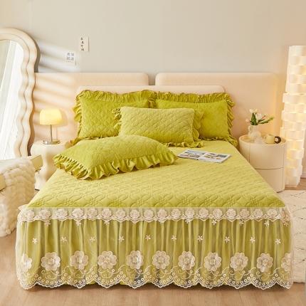 罗艺轩 2024秋冬新款水晶绒花样年华全夹棉加厚床裙三件套 花样年华-青草绿