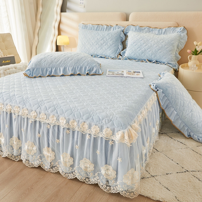 91家纺网 家纺一手货源 找家纺 罗艺轩 2024秋冬新款水晶绒花样年华全夹棉加厚床裙三件套 花样年华-天空蓝