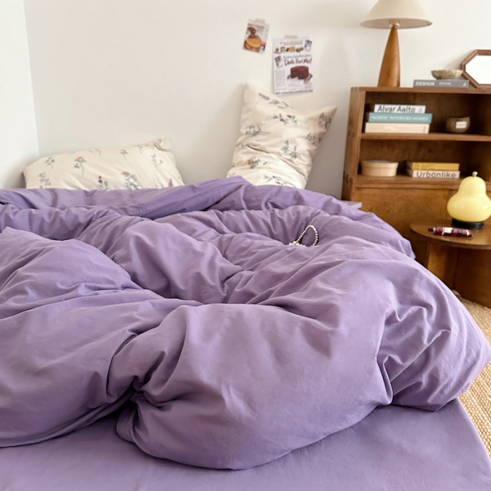 91家纺网 家纺一手货源 找家纺 艾沁 2024新款全棉水洗棉小清新混搭四件套 暗紫+紫薇