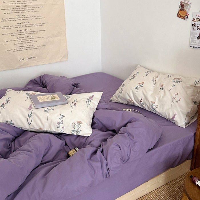 91家纺网 家纺一手货源 找家纺 艾沁 2024新款全棉水洗棉小清新混搭四件套 暗紫+紫薇