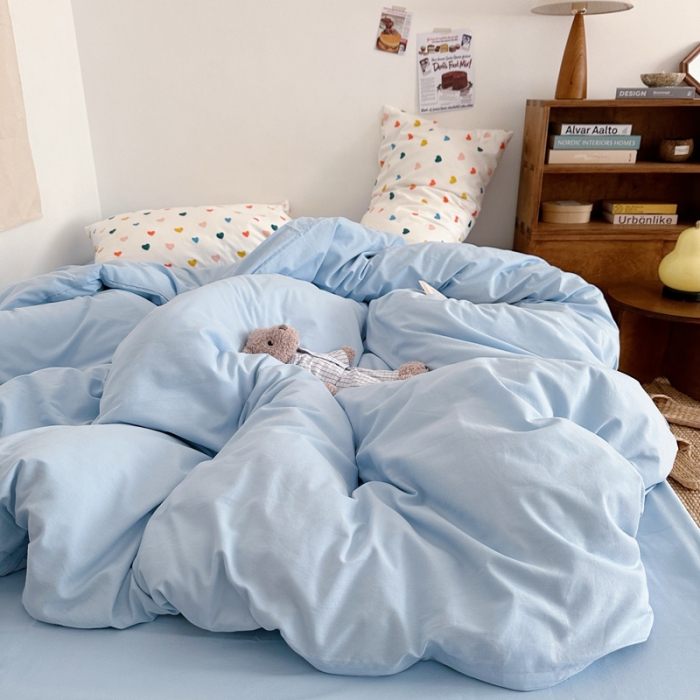 91家纺网 家纺一手货源 找家纺 艾沁 2024新款全棉水洗棉小清新混搭四件套 天兰+玫粉