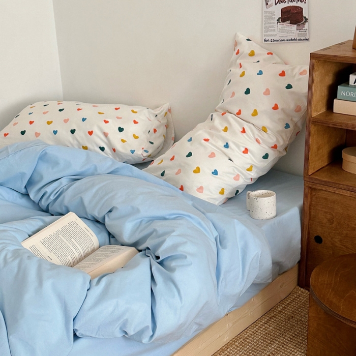 91家纺网 家纺一手货源 找家纺 艾沁 2024新款全棉水洗棉小清新混搭四件套 天兰+玫粉