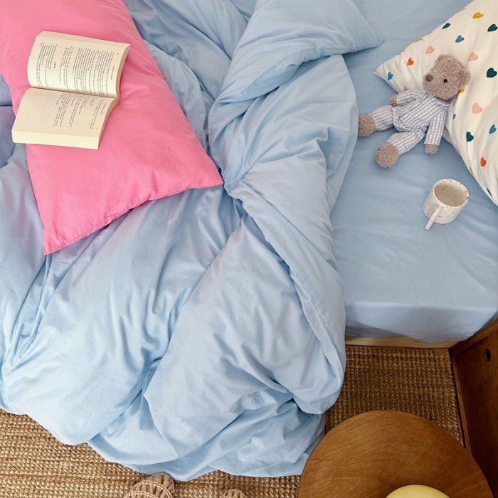 91家纺网 家纺一手货源 找家纺 艾沁 2024新款全棉水洗棉小清新混搭四件套 天兰+玫粉