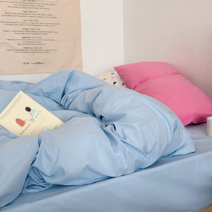 91家纺网 家纺一手货源 找家纺 艾沁 2024新款全棉水洗棉小清新混搭四件套 天兰+玫粉