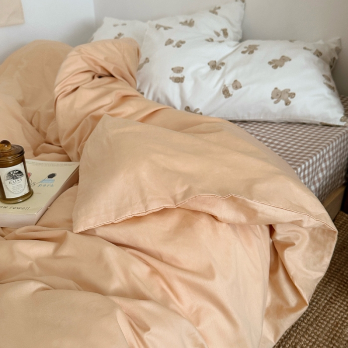 91家纺网 家纺一手货源 找家纺 艾沁 2024新款全棉水洗棉小清新混搭四件套 驼色+小熊