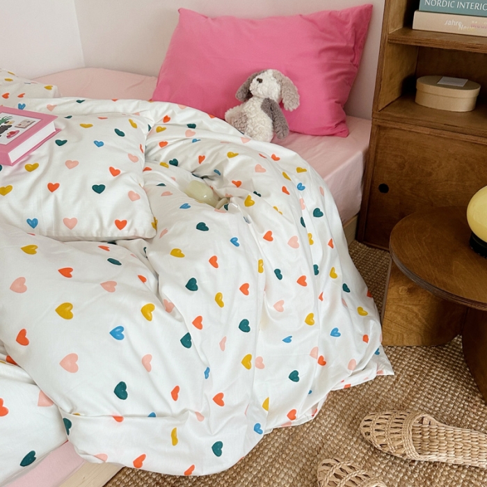 91家纺网 家纺一手货源 找家纺 艾沁 2024新款全棉水洗棉小清新混搭四件套 心情+玫粉