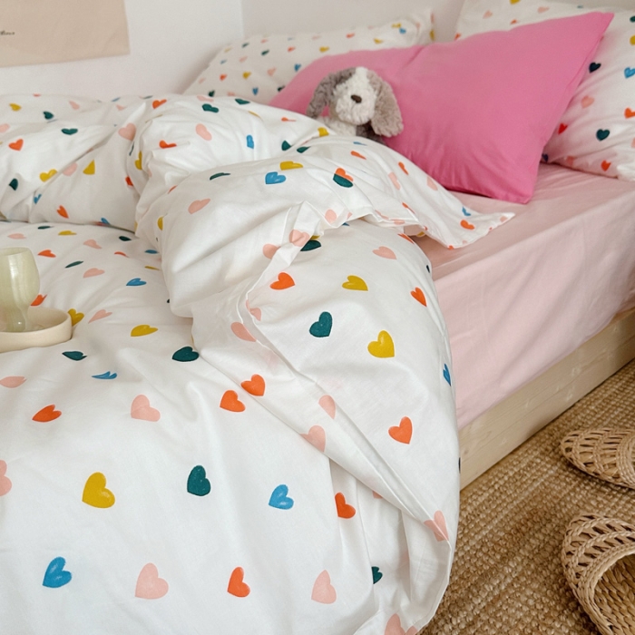 91家纺网 家纺一手货源 找家纺 艾沁 2024新款全棉水洗棉小清新混搭四件套 心情+玫粉