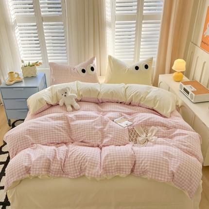 91家纺网 家纺一手货源 找家纺 贝扬思 2025新款大眼睛水洗云朵棉简约系列四件套 小粉格-芝士黄