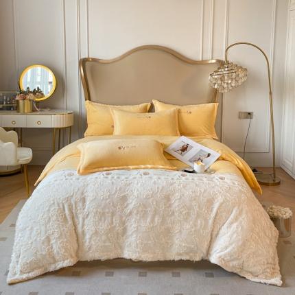 91家纺网 家纺一手货源 找家纺 秀色秋冬轻奢立体刺绣牛奶绒四件套双面加绒加厚保暖珊瑚绒法兰绒四件套 茹伊-雾粉