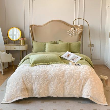 91家纺网 家纺一手货源 找家纺 秀色秋冬轻奢立体刺绣牛奶绒四件套双面加绒加厚保暖珊瑚绒法兰绒四件套 茹伊-雾粉