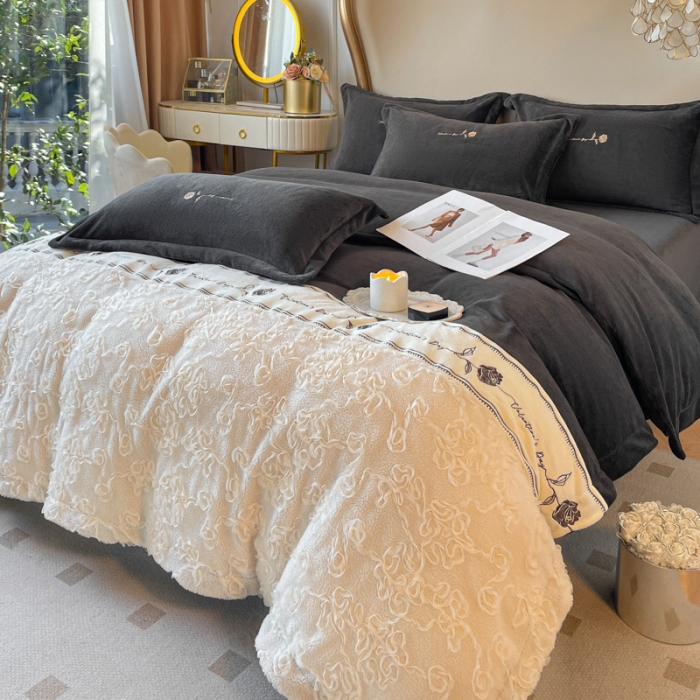 91家纺网 家纺一手货源 找家纺 总秀色秋冬季轻奢立体刺绣牛奶绒四件套双面加绒加厚保暖珊瑚绒法兰绒四件套