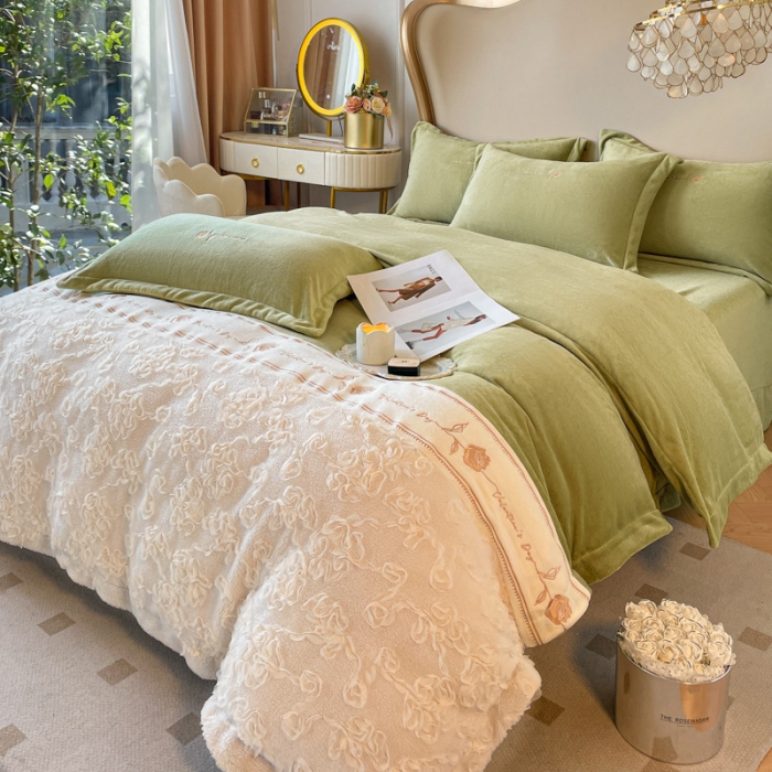 91家纺网 家纺一手货源 找家纺 秀色秋冬轻奢立体刺绣牛奶绒四件套双面加绒加厚保暖珊瑚绒法兰绒四件套 茹伊-抹茶绿