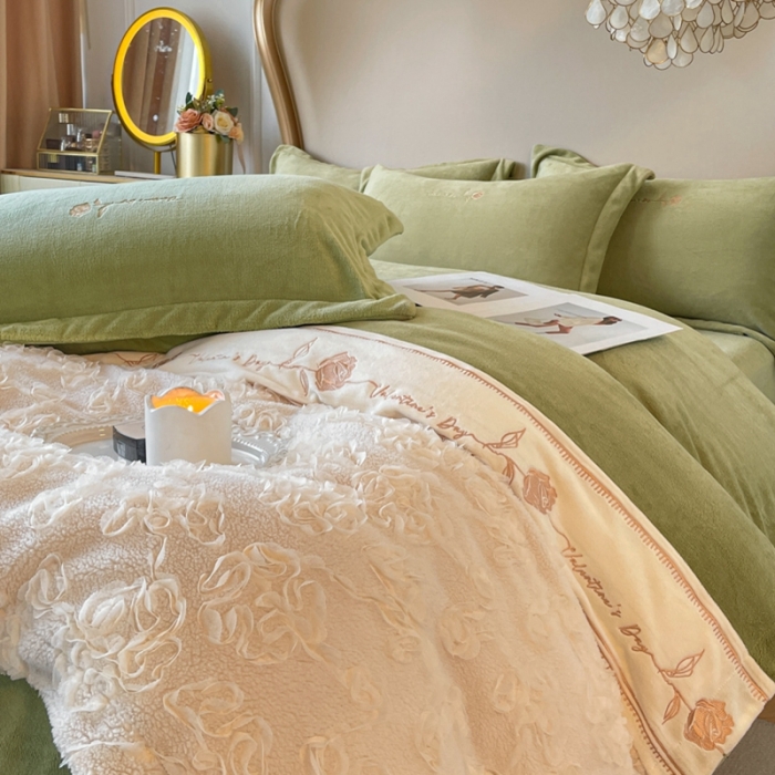 91家纺网 家纺一手货源 找家纺 秀色秋冬轻奢立体刺绣牛奶绒四件套双面加绒加厚保暖珊瑚绒法兰绒四件套 茹伊-抹茶绿