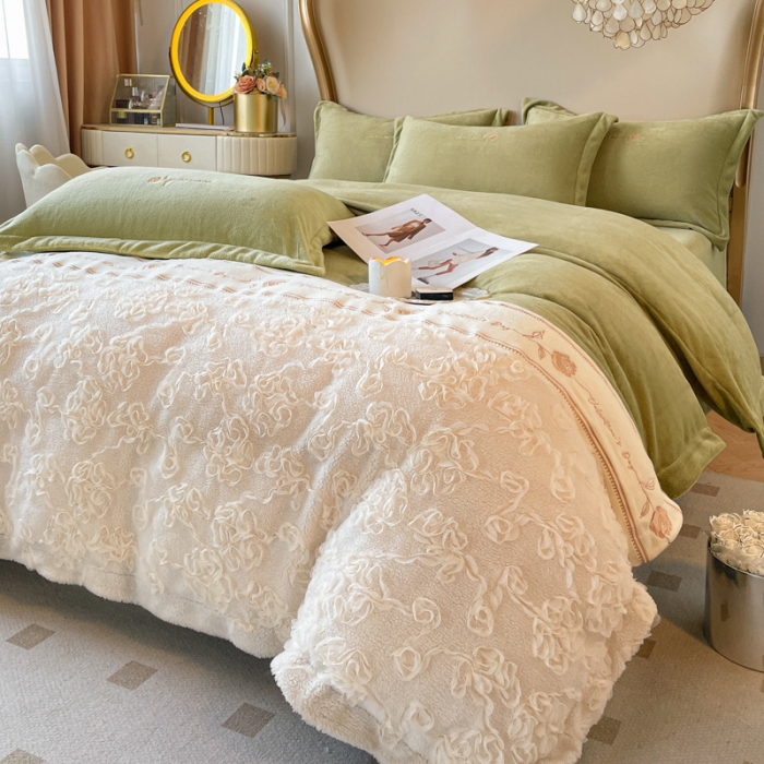 91家纺网 家纺一手货源 找家纺 秀色秋冬轻奢立体刺绣牛奶绒四件套双面加绒加厚保暖珊瑚绒法兰绒四件套 茹伊-抹茶绿
