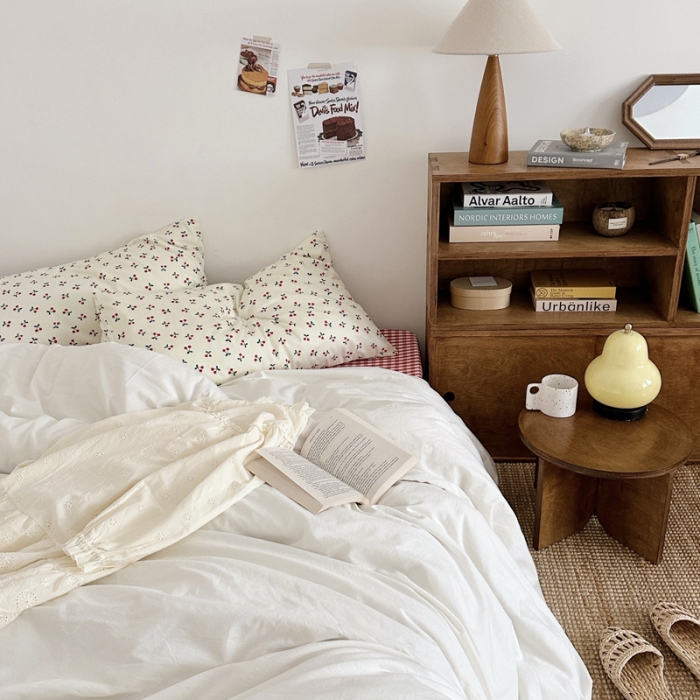 91家纺网 家纺一手货源 找家纺 艾沁 2024新款全棉水洗棉小清新混搭四件套 樱桃+本白