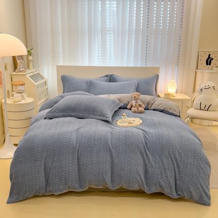 91家纺网 家纺一手货源 找家纺 全季 2023新款麦穗纹高克重牛奶绒色织提花四件套 浅蓝+浅灰