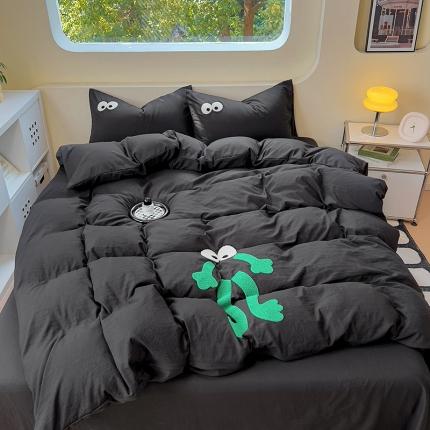 91家纺网 家纺一手货源 找家纺 阿曼达 2023新款亲肤水洗m大眼毛巾绣四件套 大眼-黑