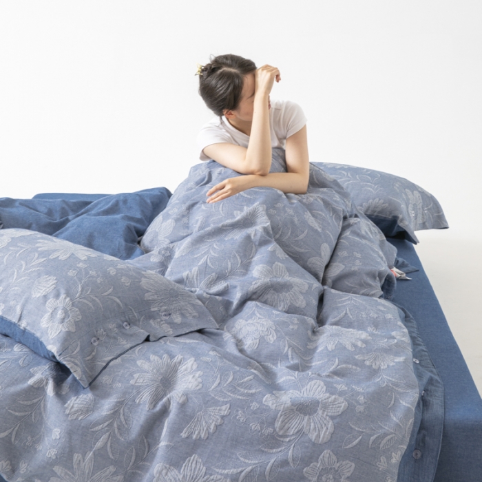 91家纺网 家纺一手货源 找家纺 安莱生活 2023新品双层纱大提花高奢工艺款四件套馥香 馥香--牛仔蓝