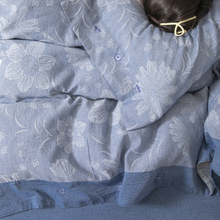 91家纺网 家纺一手货源 找家纺 安莱生活 2023新品双层纱大提花高奢工艺款四件套馥香 馥香--牛仔蓝