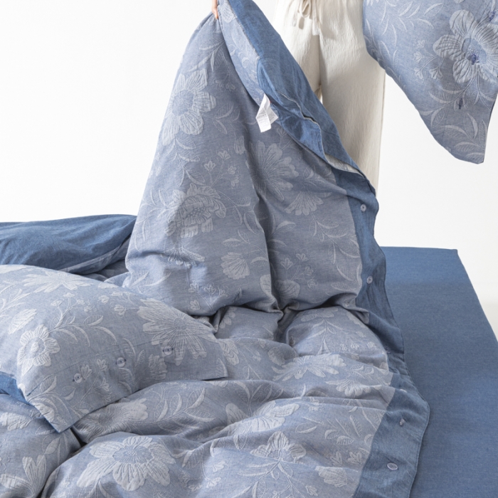 91家纺网 家纺一手货源 找家纺 安莱生活 2023新品双层纱大提花高奢工艺款四件套馥香 馥香--牛仔蓝