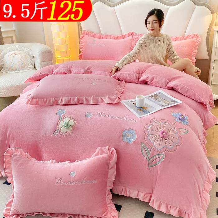 91家纺网 家纺一手货源 找家纺 苏米娜9.5斤小清新加厚兔毛绒牛奶绒贴布绣刺绣花四件套高克重宝宝婴儿绒